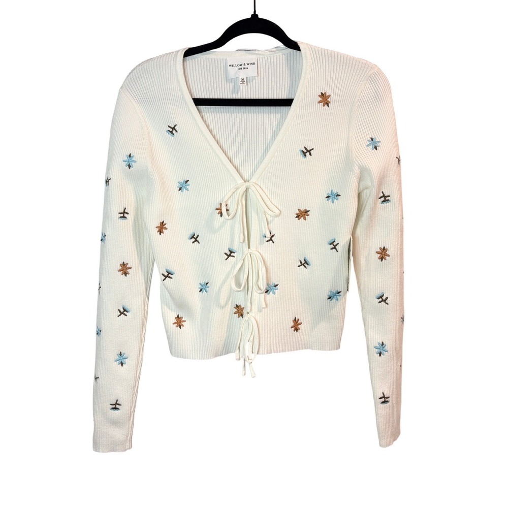 Willow & Wind Winter White Floral Embroidered Tie Front Cardigan Womens Size M